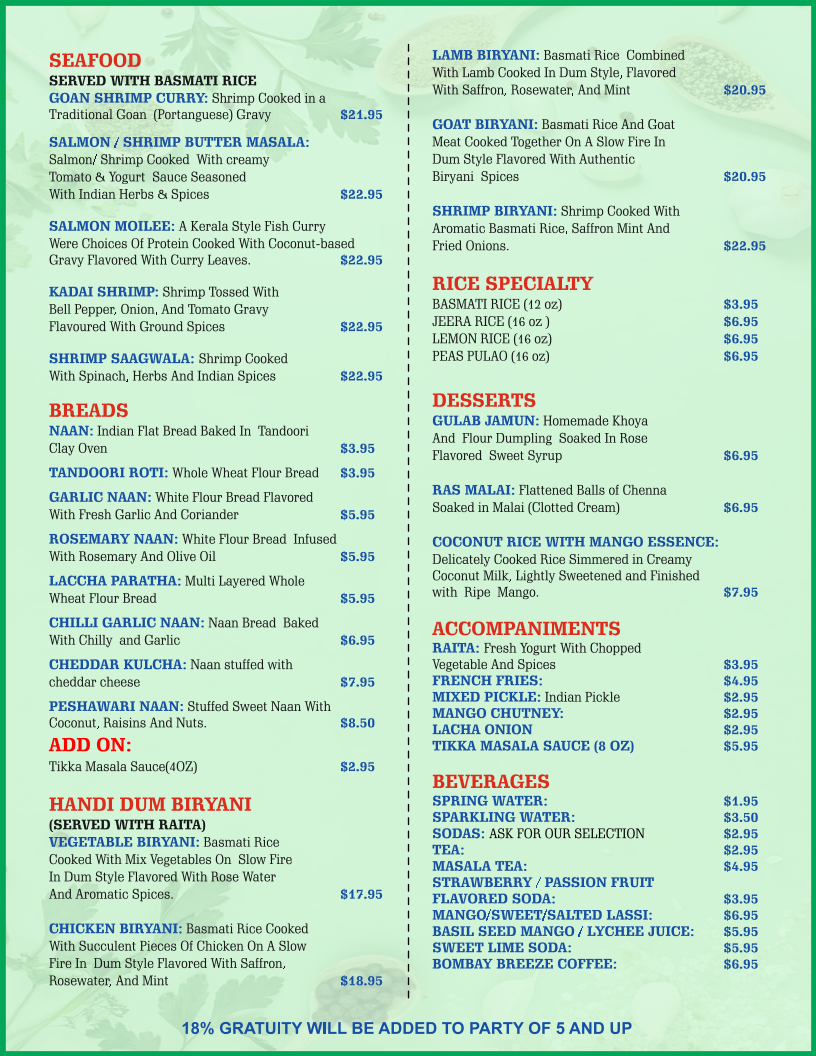 Basil Indian & Thai Cuisine Menu Menu Photo 2