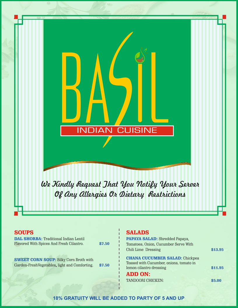 Basil Indian & Thai Cuisine Menu Menu Photo 4