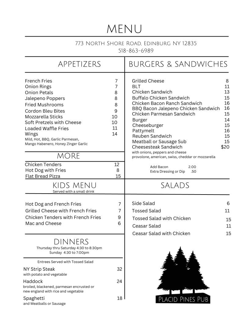 Placid Pines Pub Menu Photo 1