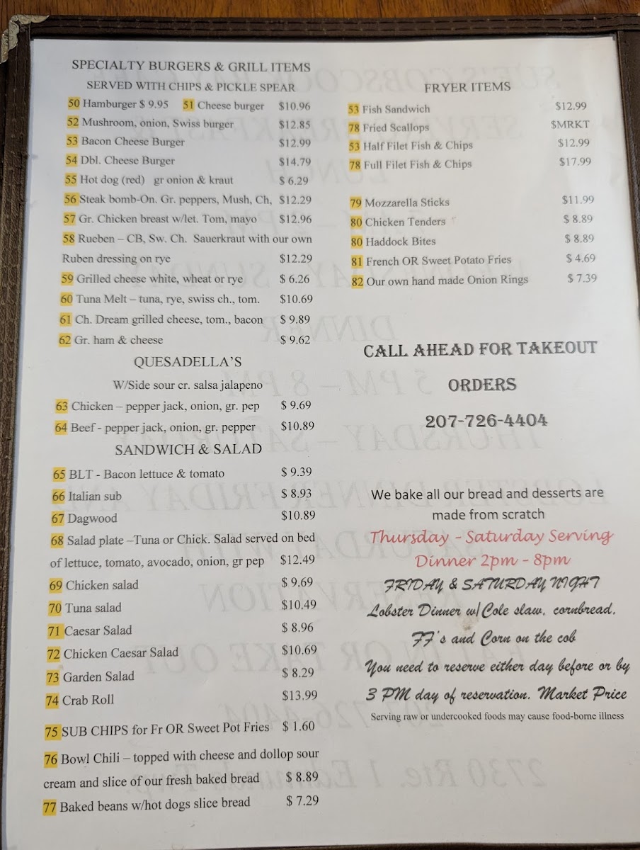 Sue's Cobscook Bay Cafe Menu Menu Photo 2