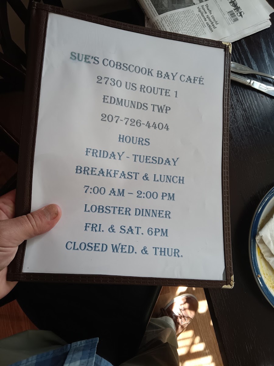 Sue's Cobscook Bay Cafe MenuMenu Photo 9